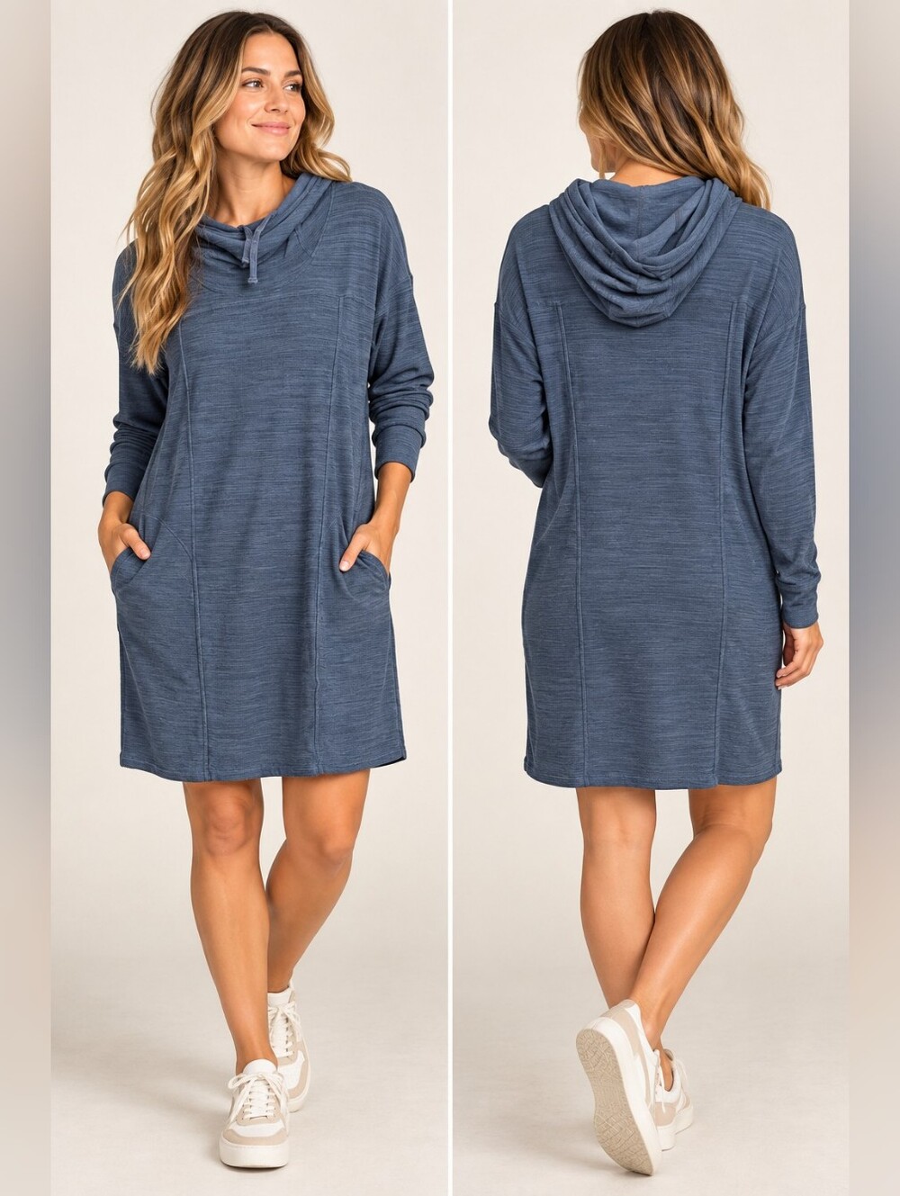 Toad&Co Intermosso Hooded Dress Size L Blue Stretch Pocket Tunic